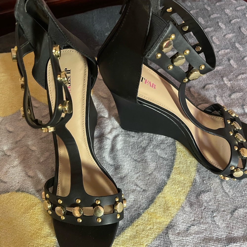 Black Wedge open toe dressy Sandal w/ Gold Tone Accents